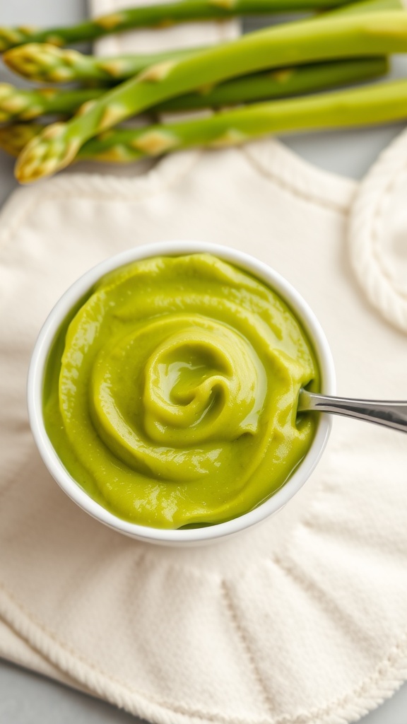 A bowl of bright green asparagus puree for babies, with asparagus spears in the background.